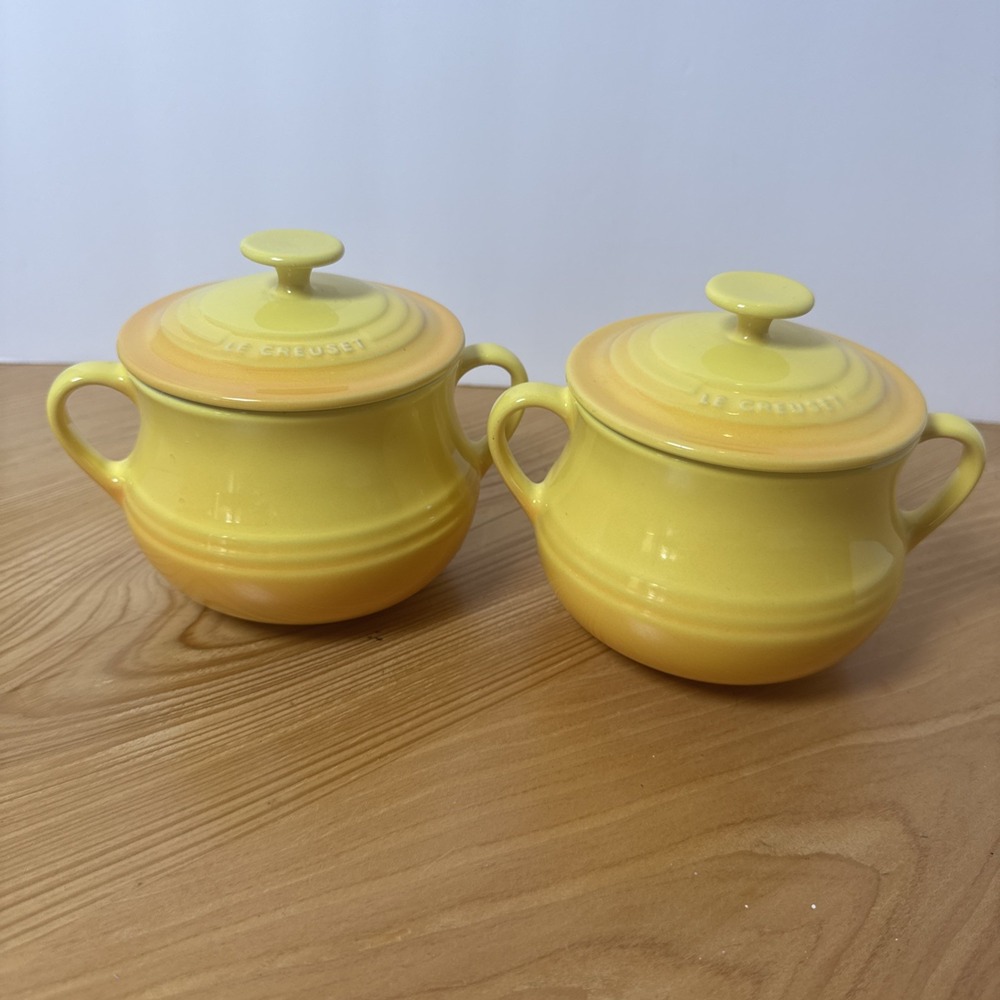 Le Creuset Small Soup Bean Pots with Lids Yellow 0.5L Set of 2 France Ceramic